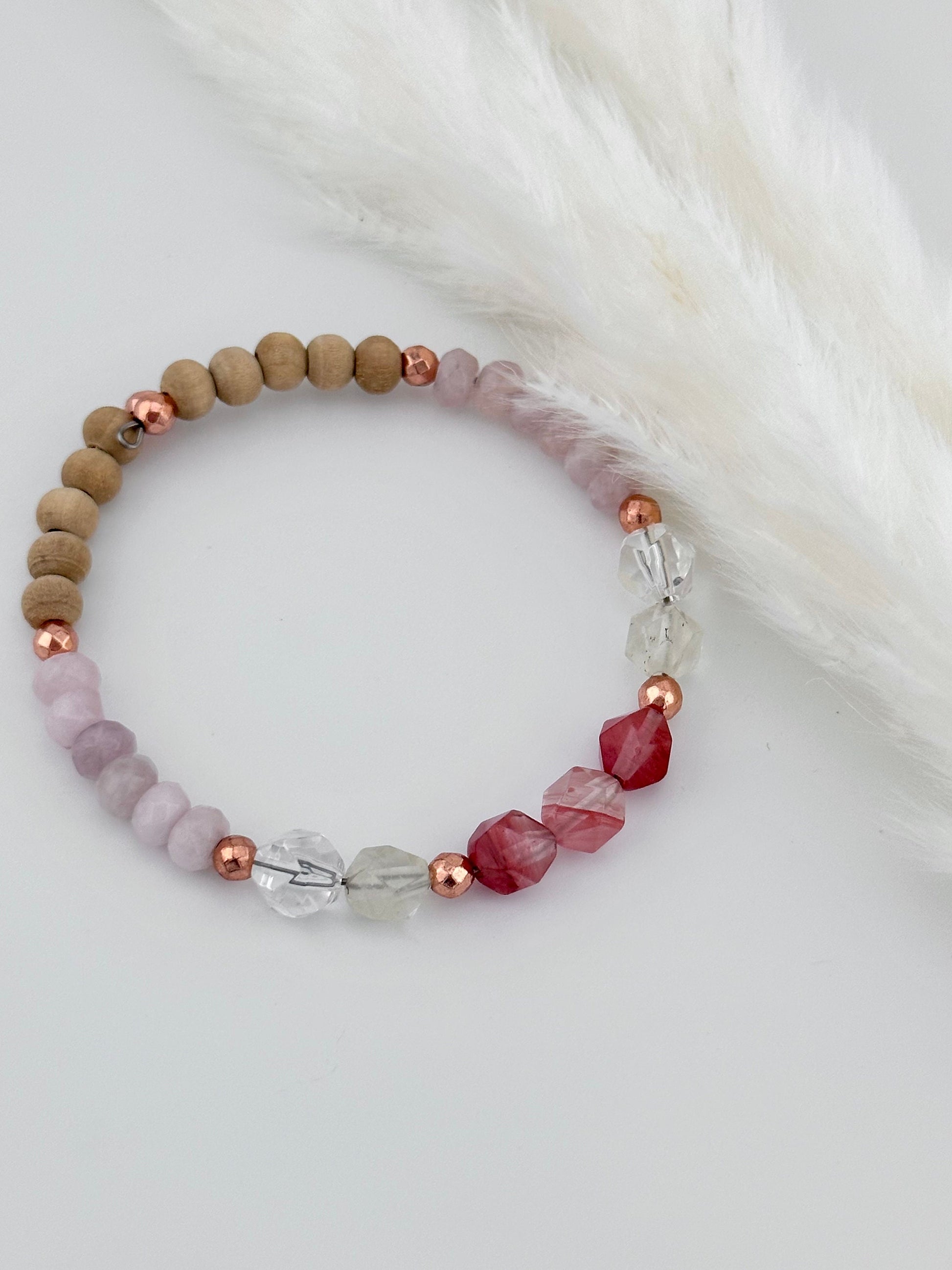 Star cut Strawberry and clear Quartz, rose quartz, sandalwood, and rose Gold Hematite, memory wire bracelet, “dispels fear, brings love”