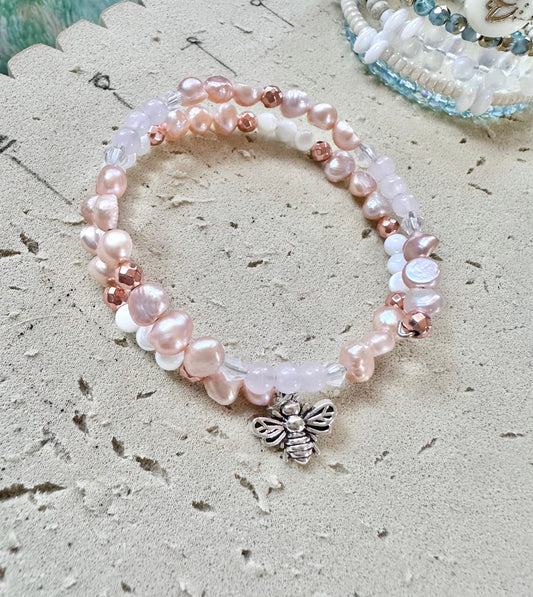 Pink Fresh water Pearl, Rose Quartz and Mother of pearl, double stranded, memory wire bracelet, jewelry rose gold hematite, new beginnings