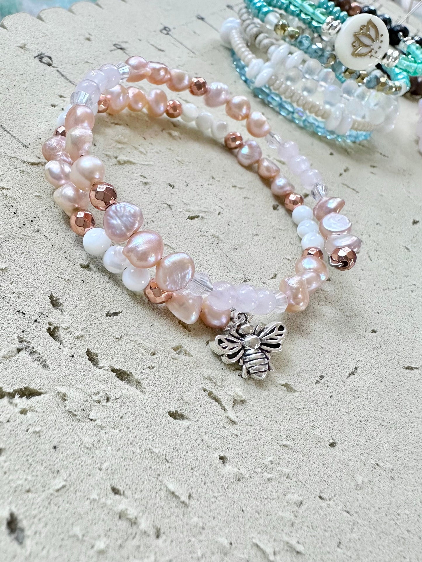 Pink Fresh water Pearl, Rose Quartz and Mother of pearl, double stranded, memory wire bracelet, jewelry rose gold hematite, new beginnings