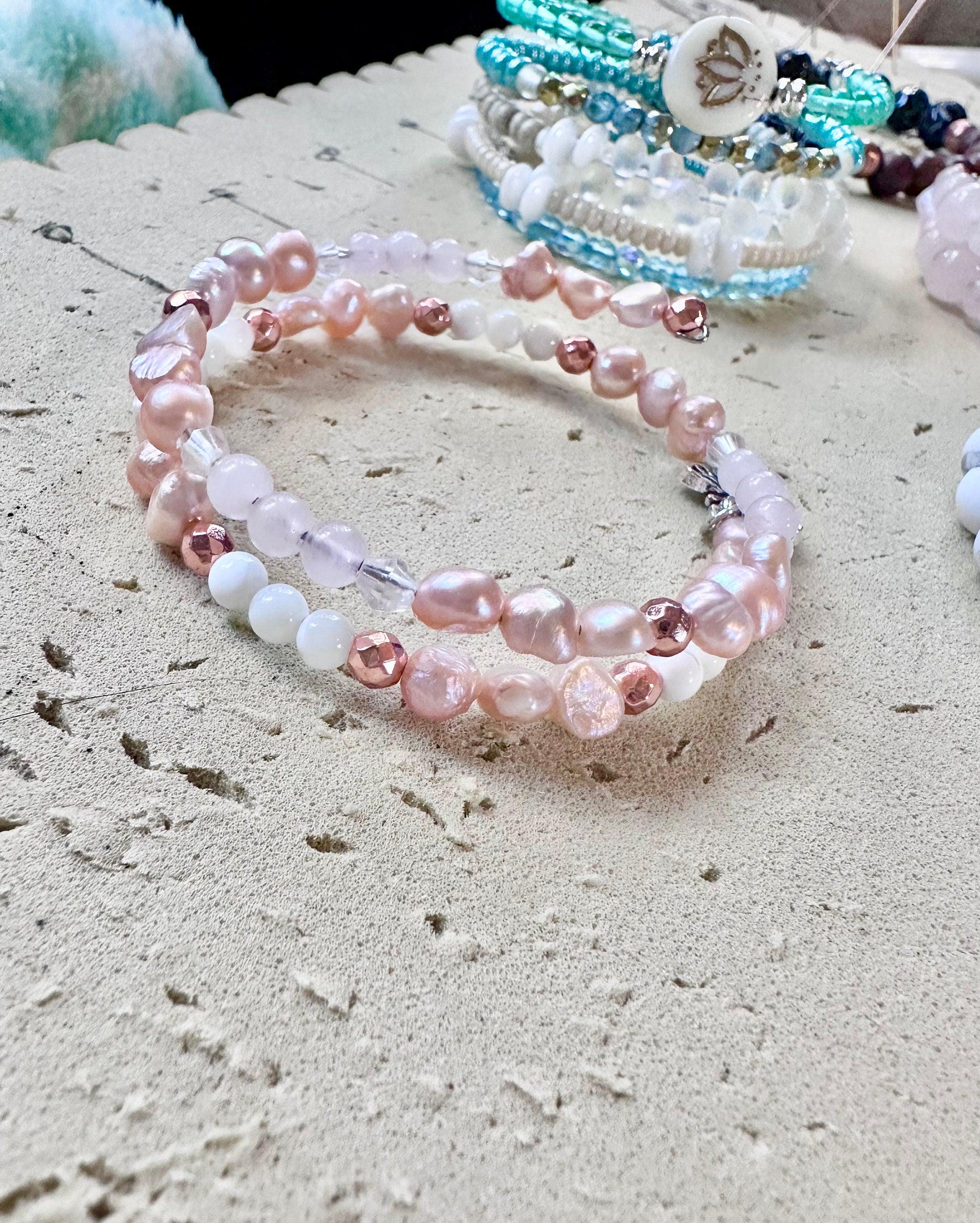 24” pink freshwater pearl with pink & white quartz druzy encased in Precious Metal hot Clay (99.9% silver)