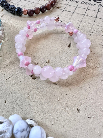 Pink Rose quartz, Czech Republic fire polished glass, rose Gold Hematite, memory wire bracelet, Unconditional love, comfort, and healing.