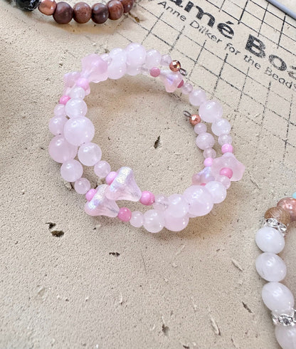 Pink Rose quartz, Czech Republic fire polished glass, rose Gold Hematite, memory wire bracelet, Unconditional love, comfort, and healing.