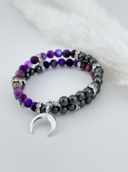 Rock star purple and Black Sea sediment jaspers with Hematite gemstone, memory wire bracelet, jewelry charms, grounding and protection stone