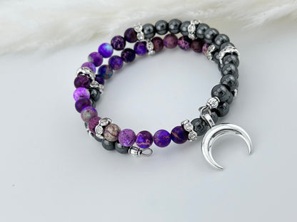 Rock star purple and Black Sea sediment jaspers with Hematite gemstone, memory wire bracelet, jewelry charms, grounding and protection stone