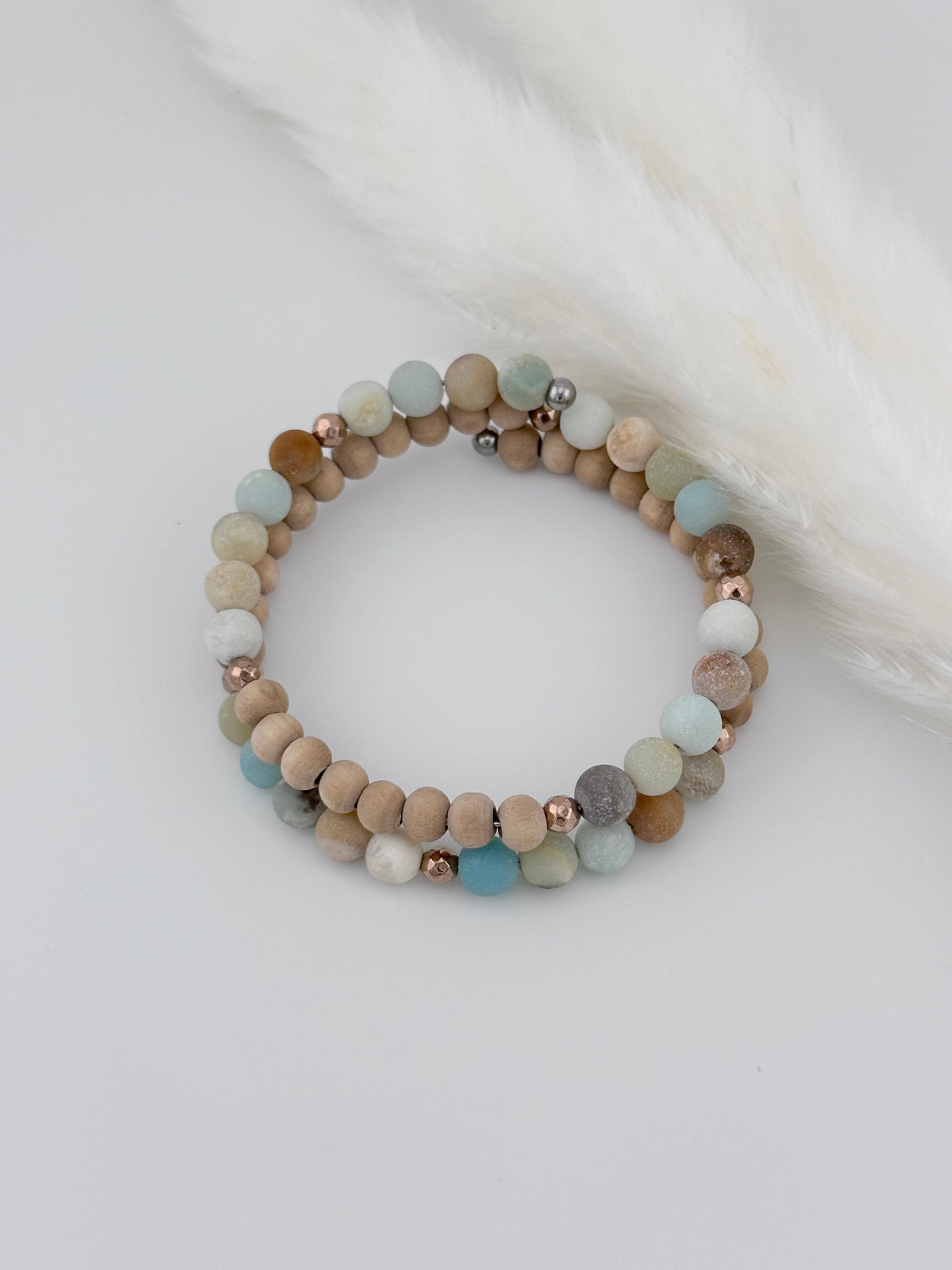 Blue Amazonite, and natural Sandalwood, memory wire bracelet, oil diffuser, boho, hematite, healing stones, soothes anxiety and brings peace