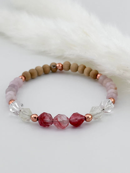 Star cut Strawberry and clear Quartz, rose quartz, sandalwood, and rose Gold Hematite, memory wire bracelet, “dispels fear, brings love”