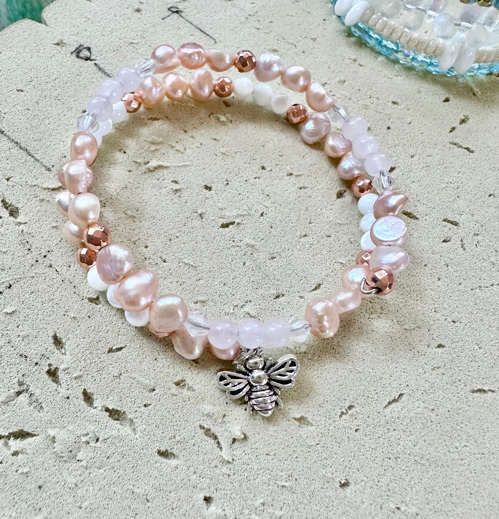 Pink Fresh water Pearl, Rose Quartz and Mother of pearl, double stranded, memory wire bracelet, jewelry rose gold hematite, new beginnings