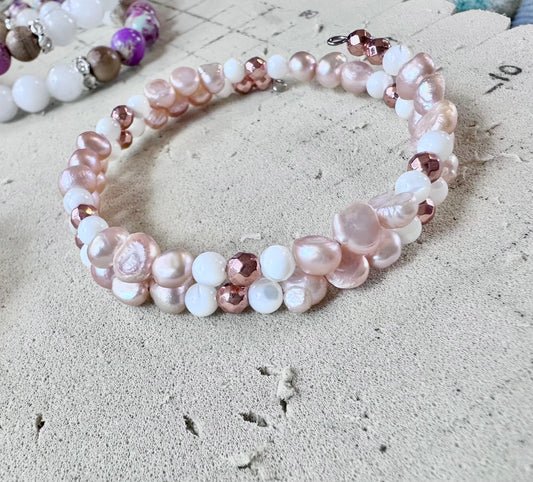 Pink Fresh water Pearl, and mother of Pearl, double stranded, memory wire bracelet, jewelry rose gold hematite, new beginnings, comfort love