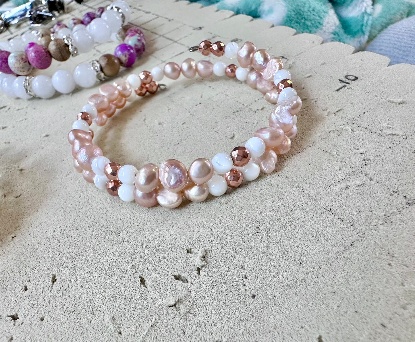 Pink Fresh water Pearl, and mother of Pearl, double stranded, memory wire bracelet, jewelry rose gold hematite, new beginnings, comfort love