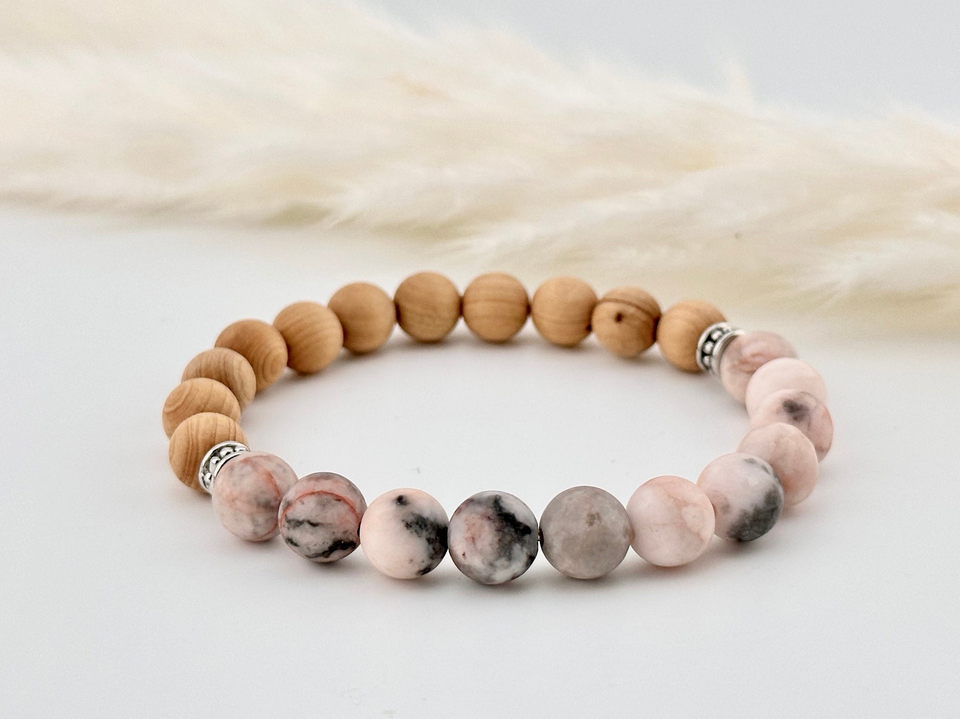 Pink Matte Zebra Jasper, Thuja wood Diffuser Bracelet, essential oil, natural stones, chakra, birthstones, healing crystals, gemstone boho,