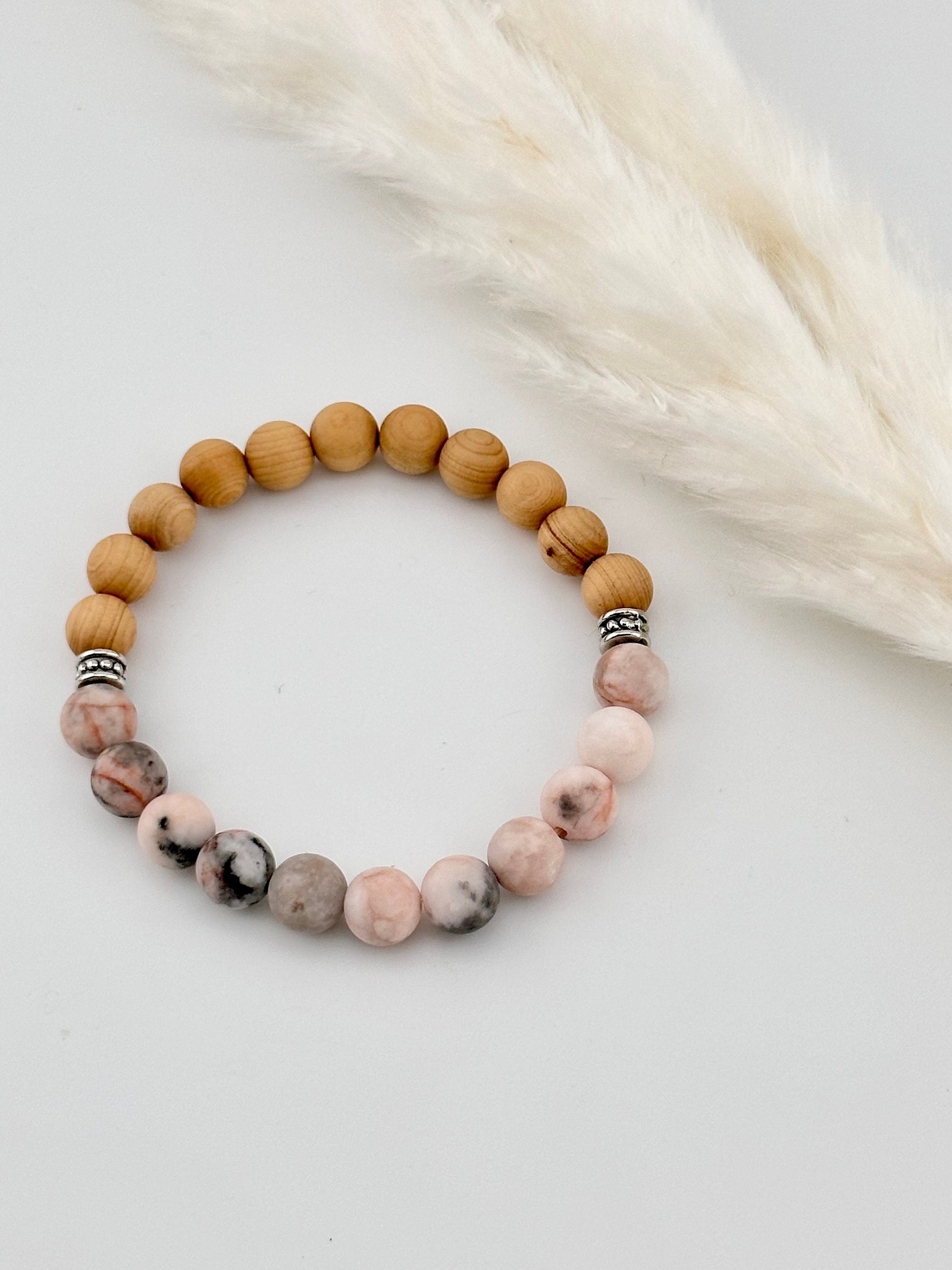 Pink Matte Zebra Jasper, Thuja wood Diffuser Bracelet, essential oil, natural stones, chakra, birthstones, healing crystals, gemstone boho,