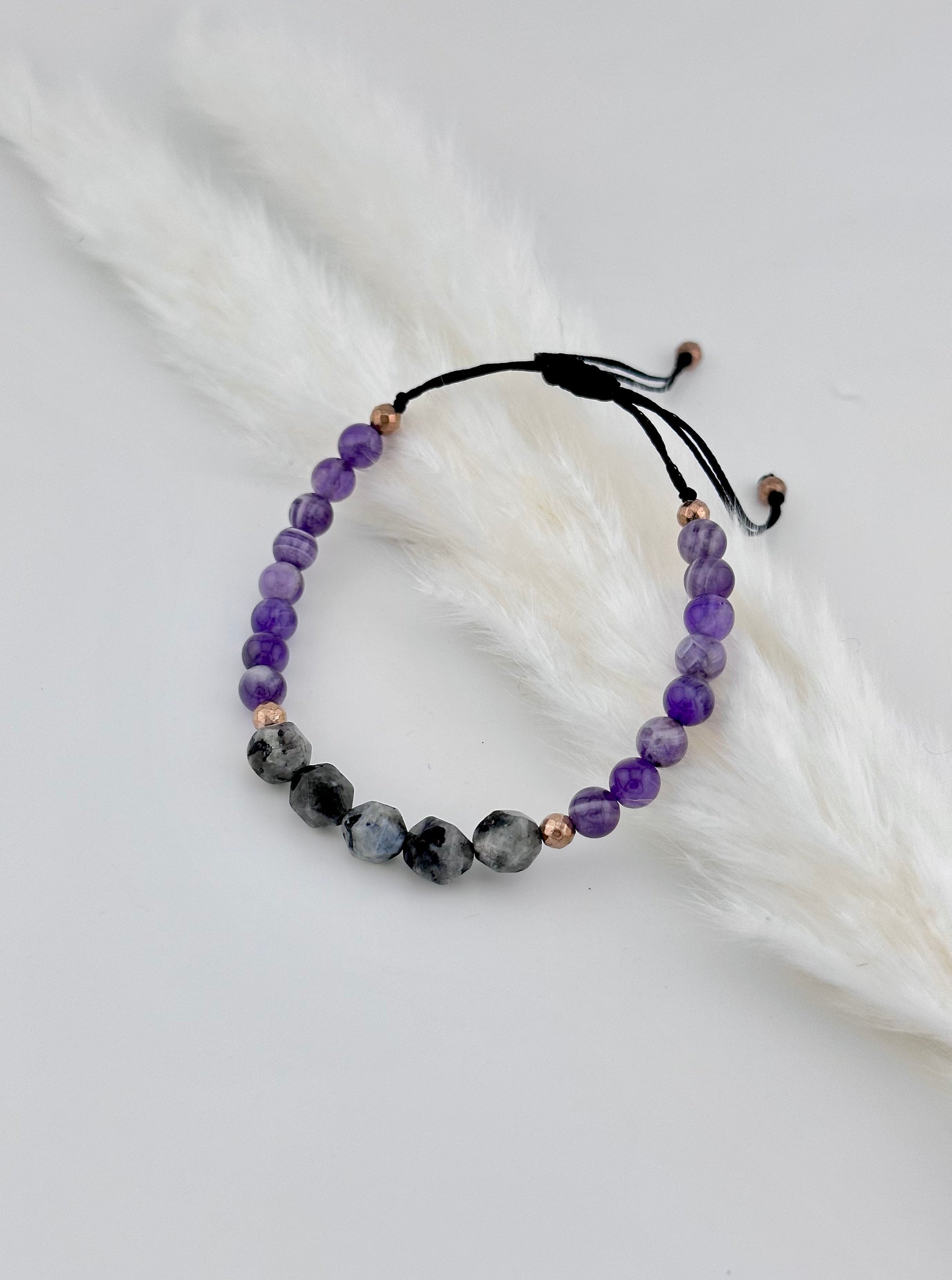 Chevron Amethyst and black Larvikite adjustable gemstone bracelet, grounding, protection and peace, jewelry, healing stones natural genuine