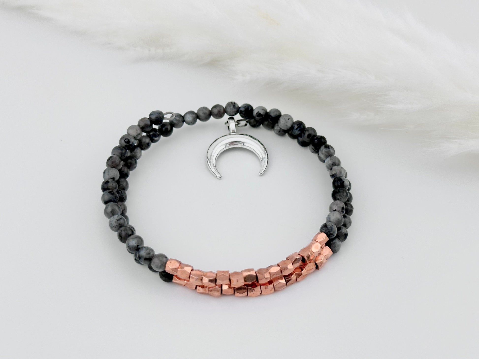 Black Larvikite and rose gold memory wire bracelet, double strand, with horn charm, crescent moon charm, jewelry, delicate