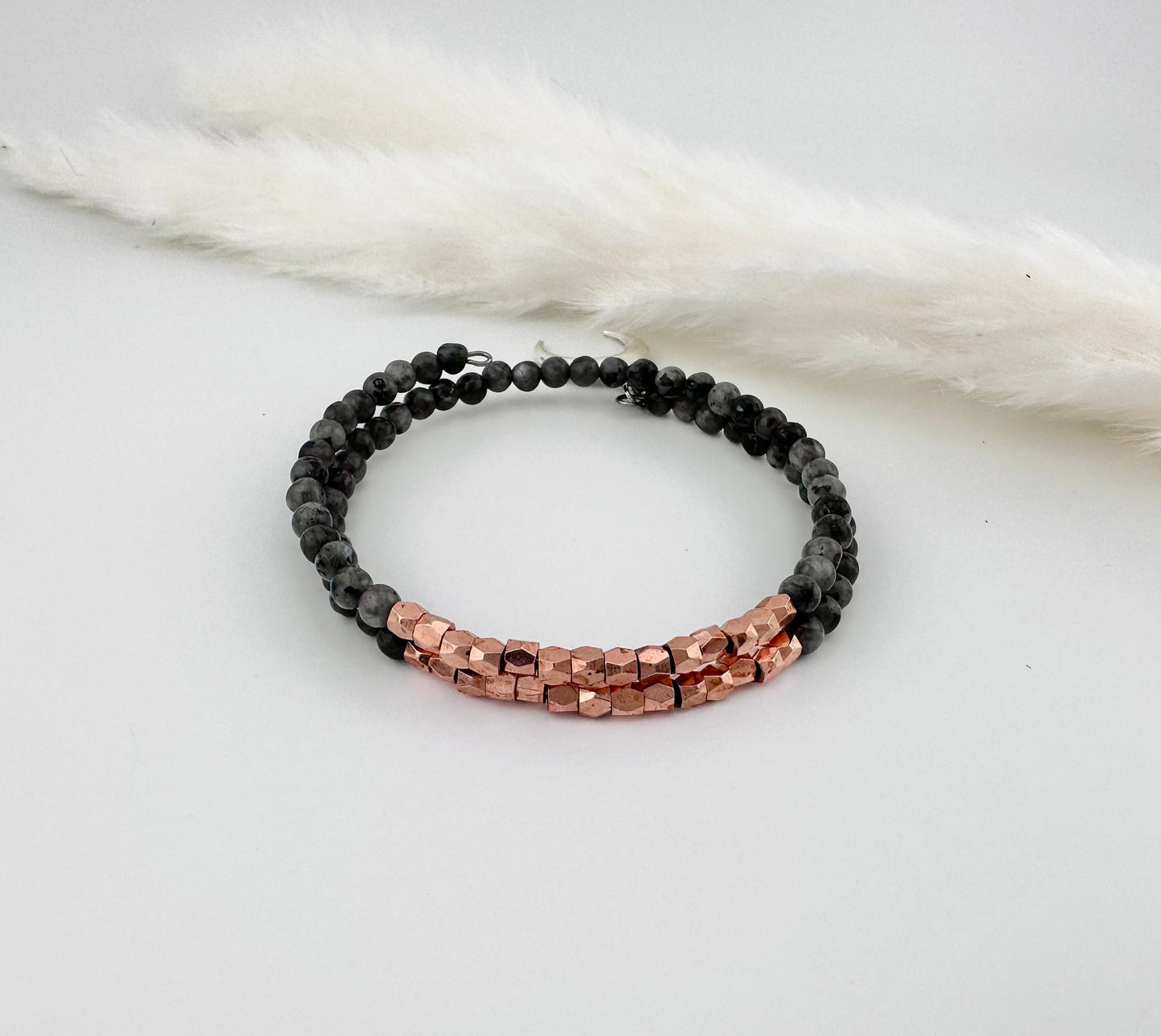 Black Larvikite and rose gold memory wire bracelet, double strand, with horn charm, crescent moon charm, jewelry, delicate