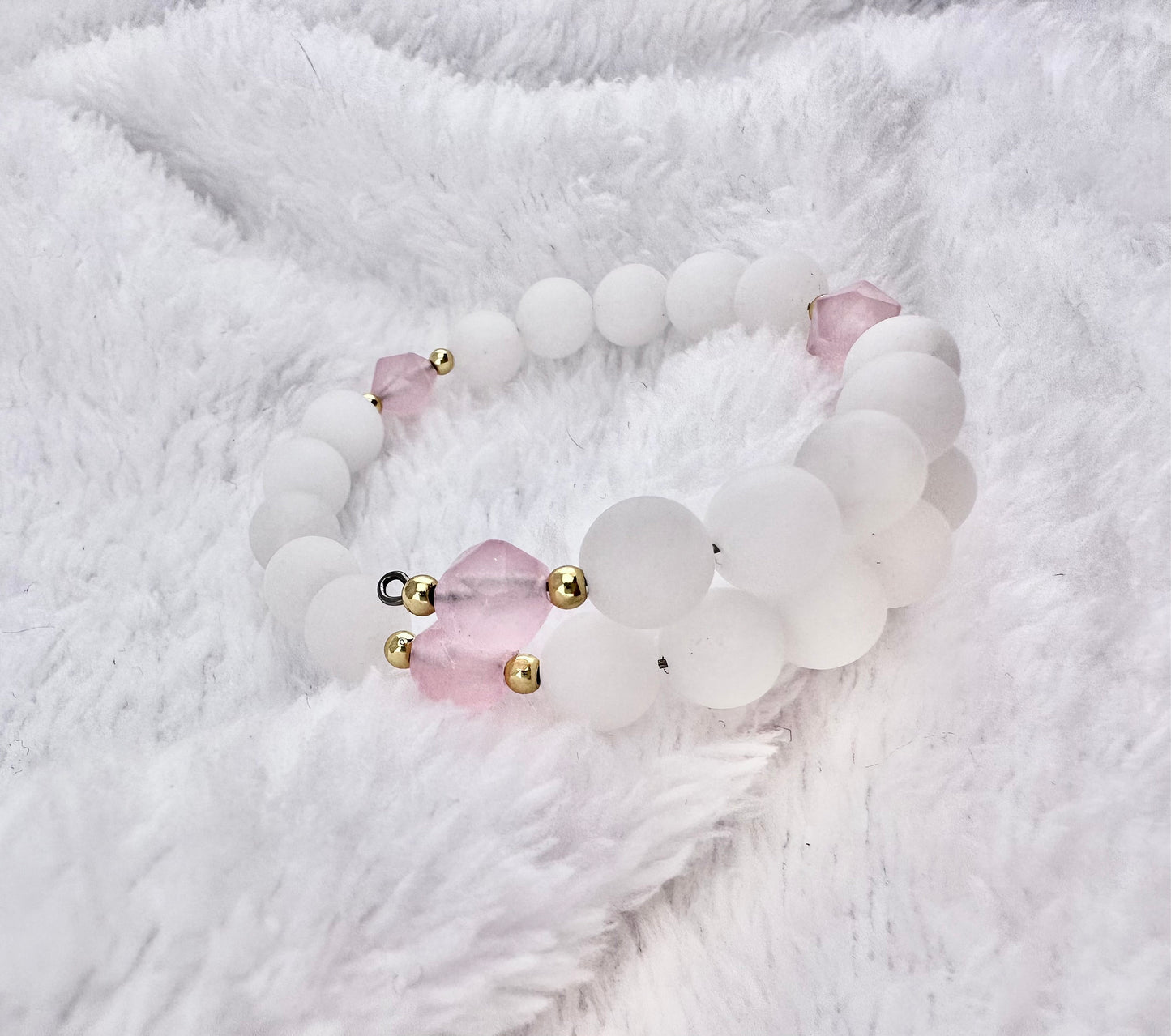 Natural gemstone memory wire bracelet, genuine alabaster and star cut rose quartz with gold spacers, jewelry, bracelet, pink and white