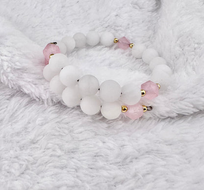 Natural gemstone memory wire bracelet, genuine alabaster and star cut rose quartz with gold spacers, jewelry, bracelet, pink and white