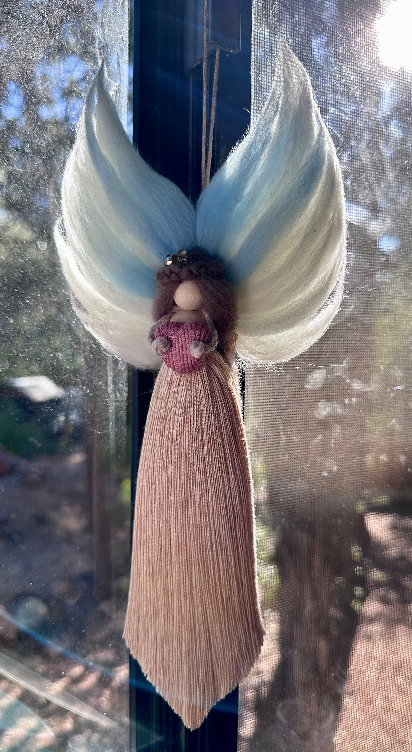 Angel wall hang home decor angel full of love handmade angel gift with wool wings and crystal hair clip customizable “night angel” recovery