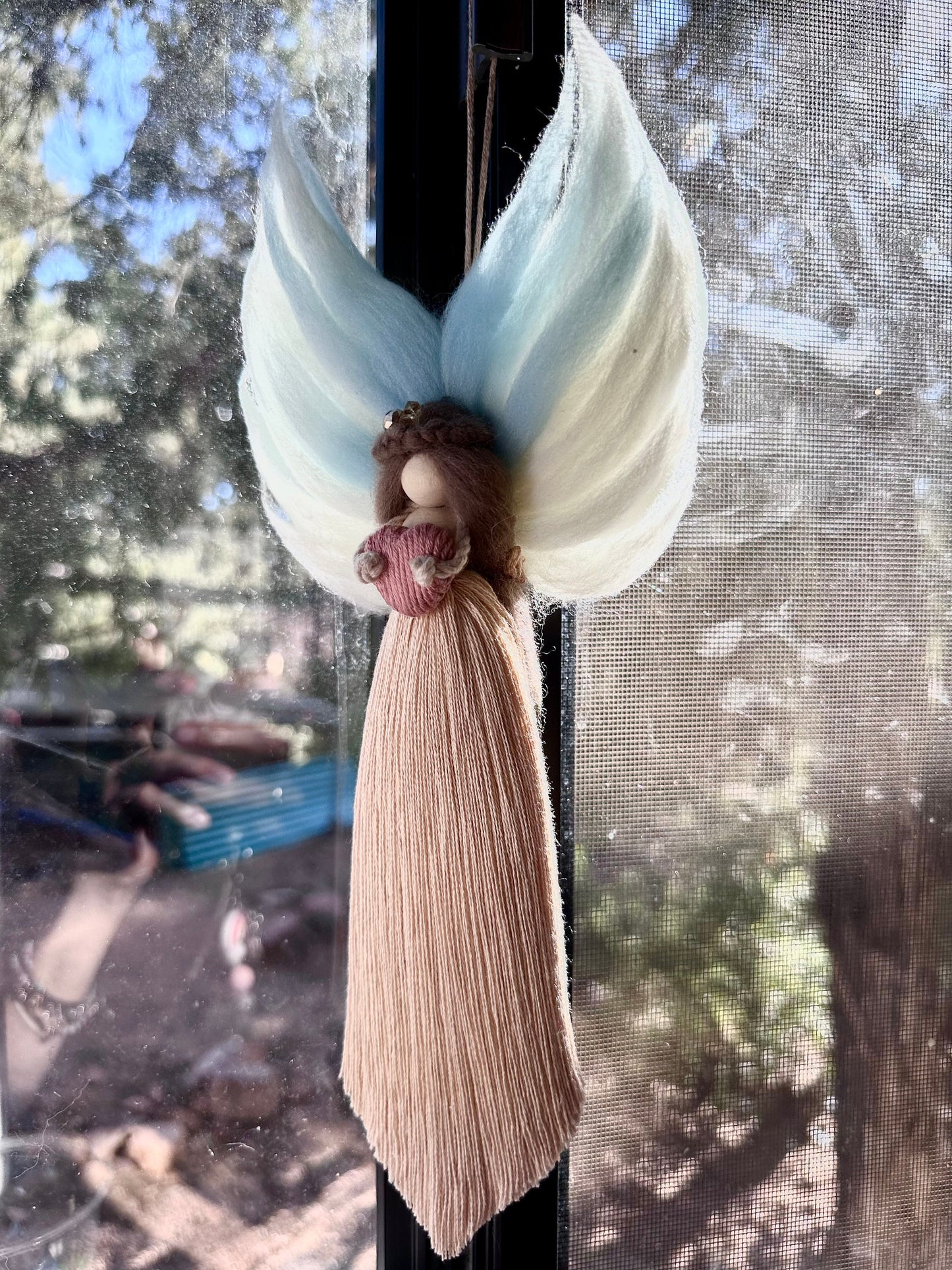 Angel wall hang home decor forest doll nursery handmade gift angel wool wings and crystal hair clip, “Forest Angel” moms baby shower gift