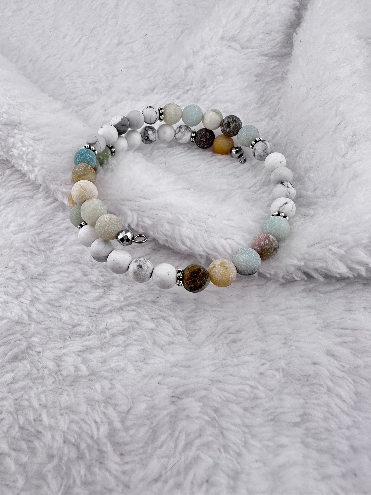 Amazonite and Howlite natural gemstone bracelet, jewelry, earth tone, memory wire bracelet, layering, layered