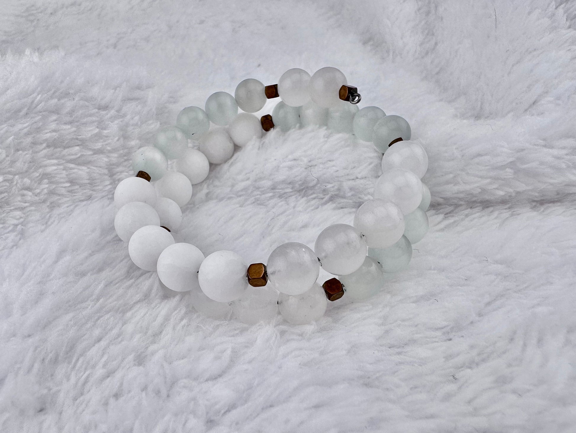 Matte alabaster, Selenite, and White Jade gemstone memory wire bracelet, jewelry, antique bronze spacer