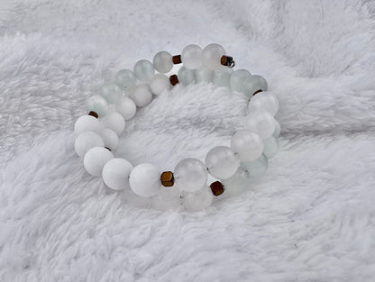 Matte alabaster, Selenite, and White Jade gemstone memory wire bracelet, jewelry, antique bronze spacer