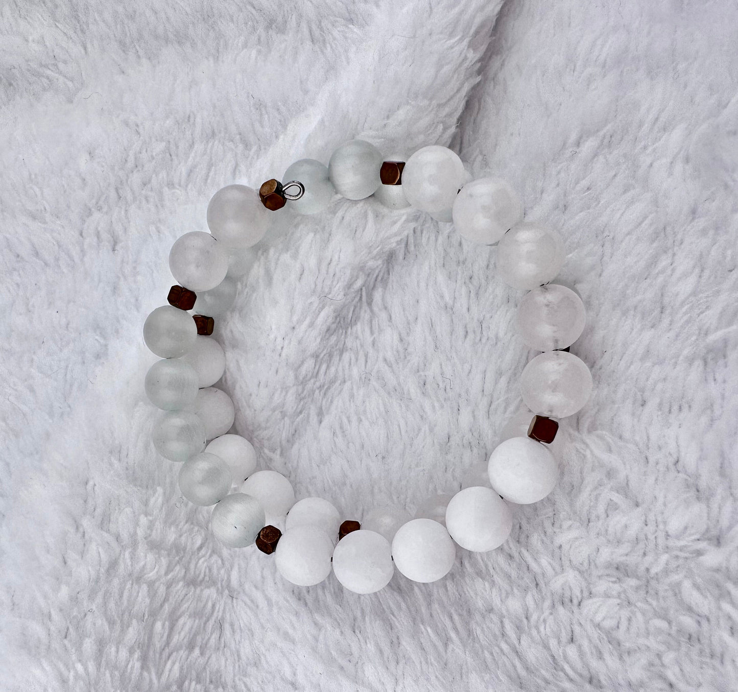 Matte alabaster, Selenite, and White Jade gemstone memory wire bracelet, jewelry, antique bronze spacer