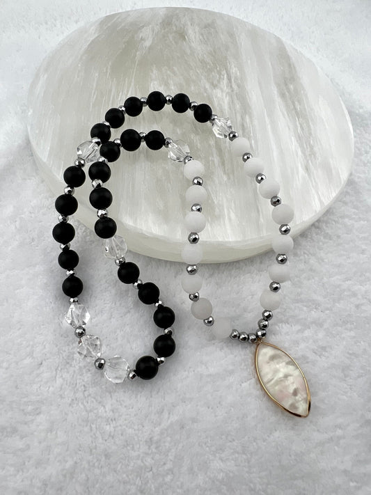 One of kind custom mini Mala gemstone grounding protective stone meditation practice yoga necklace bracelet gift for her for him black white
