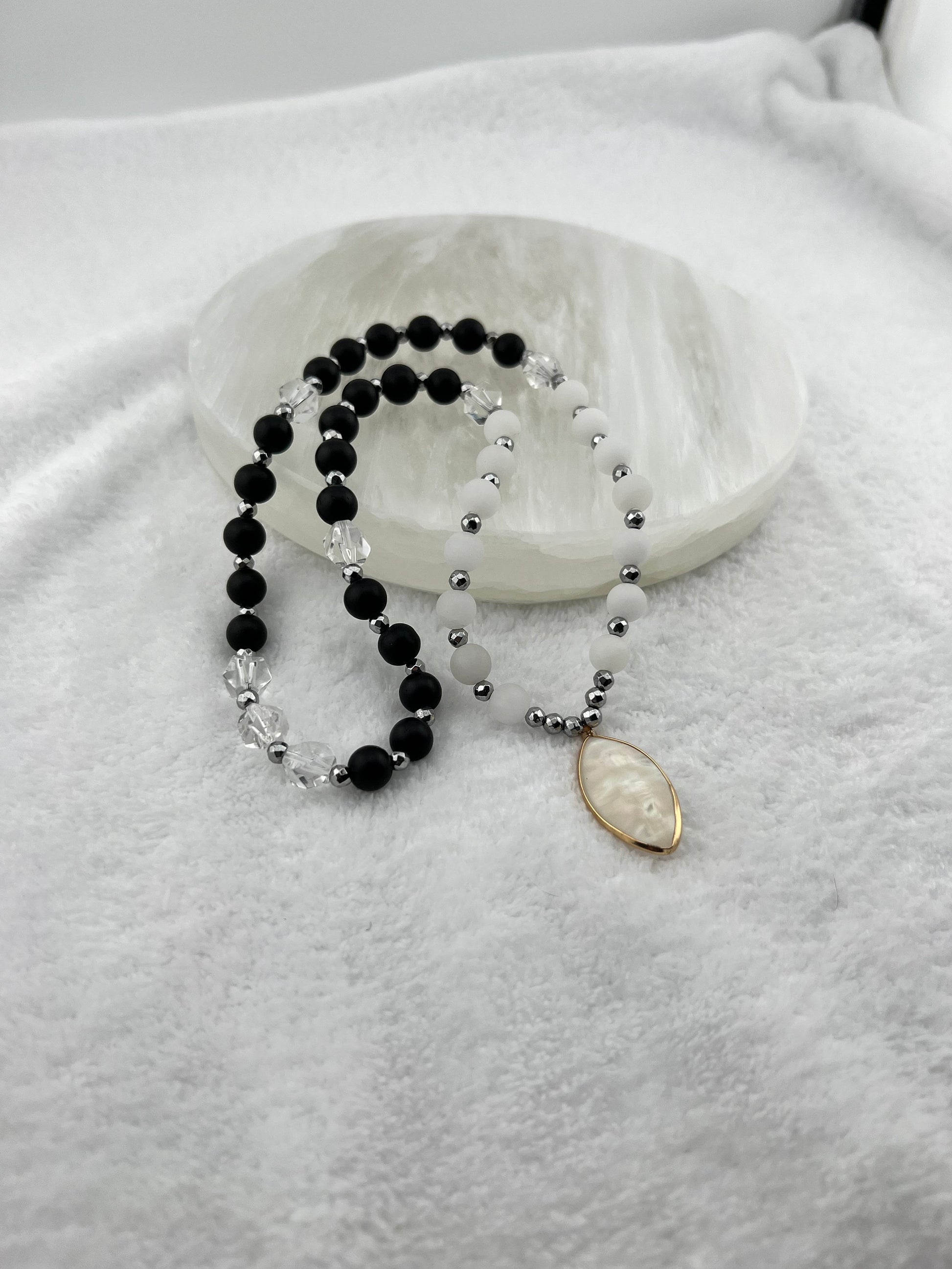 One of kind custom mini Mala gemstone grounding protective stone meditation practice yoga necklace bracelet gift for her for him black white