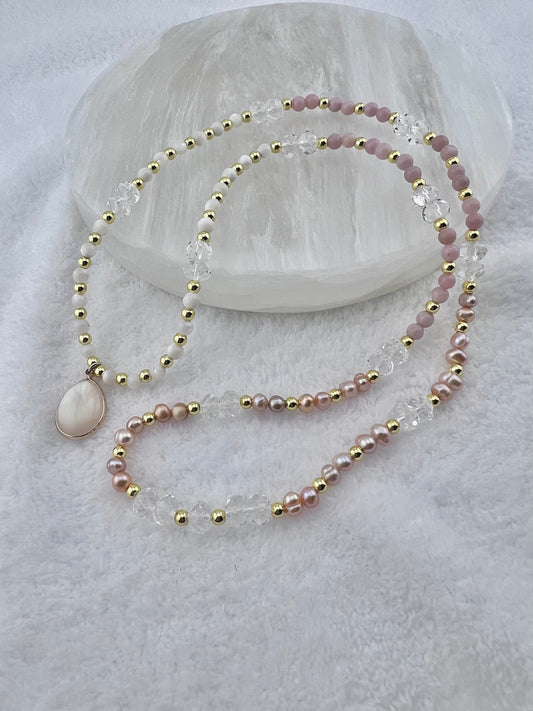 Mother of pearl, pink opal, crystal quartz, and fresh water pearl