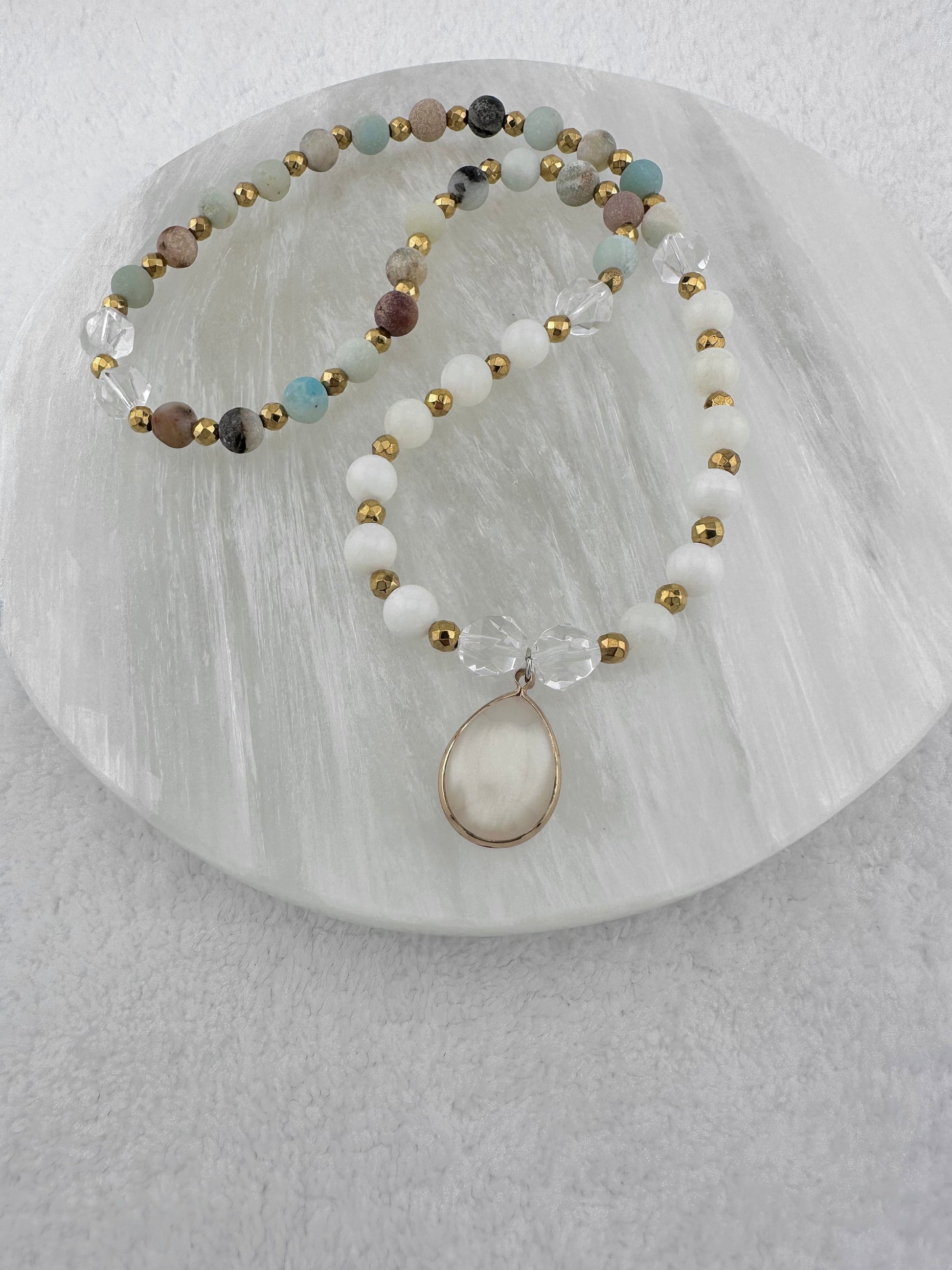 Mini Mala with amazonite, white alabaster and crystal quartz