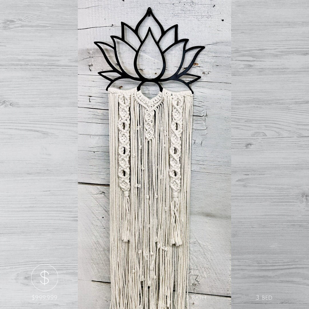 Metal lotus frame with custom hanging macrame design below. Boho minimalist Home wall decor design