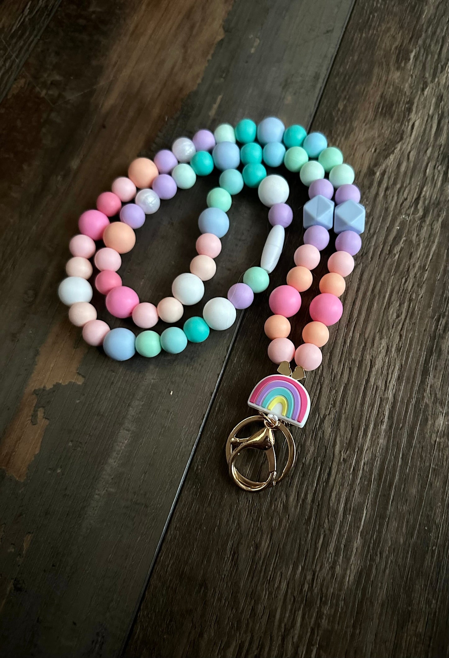 Silicone bead pastel rainbow pattern lanyard for teachers nurses id badge holder customizable lanyard teacher appreciation gift kids school