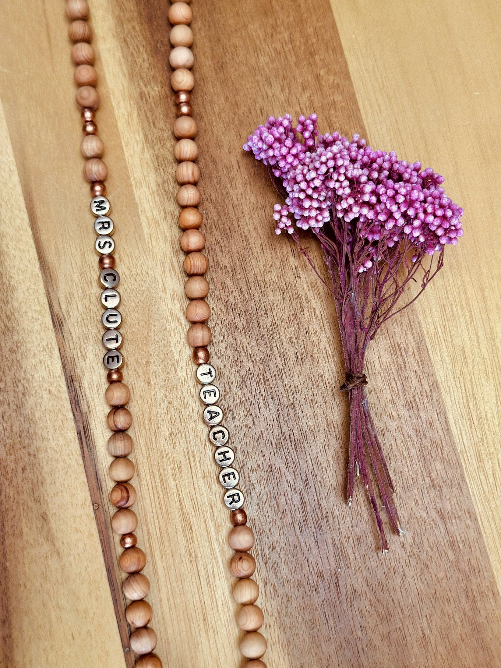 Personalized lanyard with crystal beads rose gold clasp customize letter bead lanyard for teachers ID badge holder nurses wood beaded gift