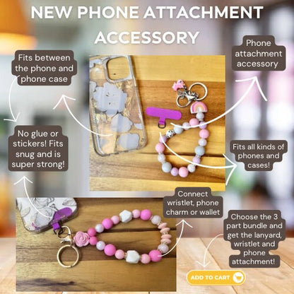 Pick the 3 piece bundle, and get the lanyard, wristlet, and phone attachment! The phone attachment sits snuggly between the phone and phone case and allows you to attach a wristlet, phone charm, or lanyard to your phone! Never lose your phone again.