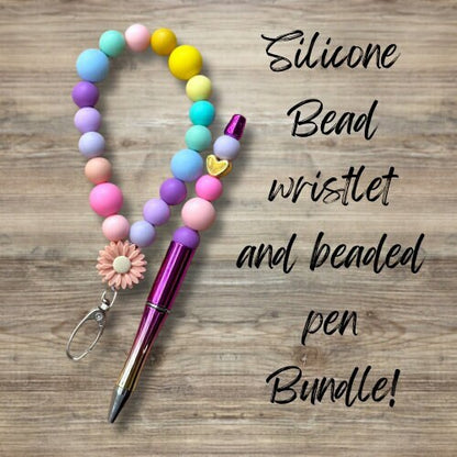 Silicone bead wristlet with matching beaded pen teachers nurses school supplies keychain gift bundle parties bachelorette events custom boho