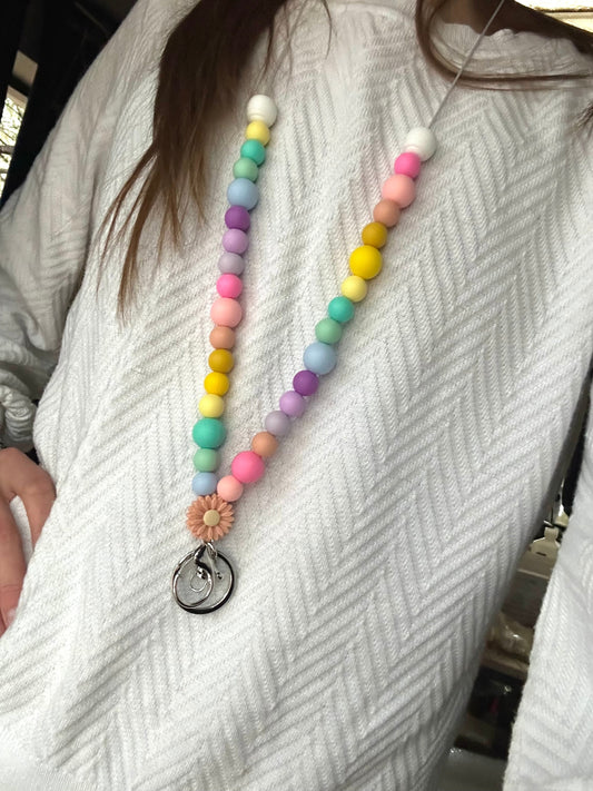 Silicone bead rainbow pattern lanyard matching wristlet for teachers nurses id badge holder adult gift cruise card holder phone accessory