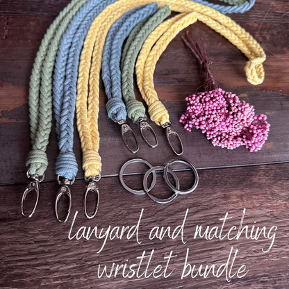 Braided Fishtail macrame lanyard and matching wristlet, lanyard and wristlet bundle gift for teachers, nurses, health care workers, high schoolers. Back to school supplies.