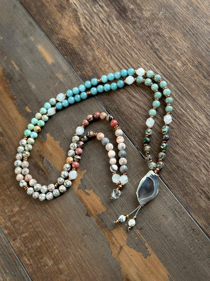 Meditation mala with 108 beads and a rare natural Botswana agate. All gemstone and copper accented mala for yoga gift for her new beginning healing stones.