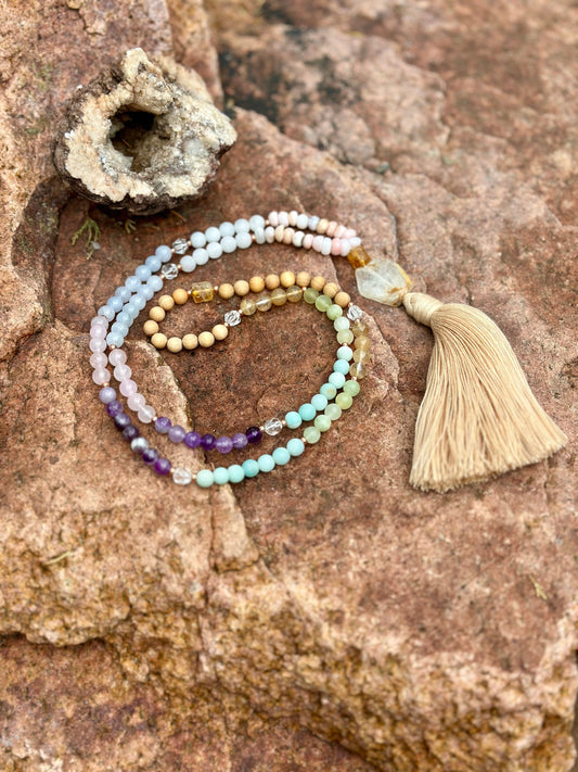 108 bead gemstone and wood mala for manifestation and focus. Yoga jewelry gift for her