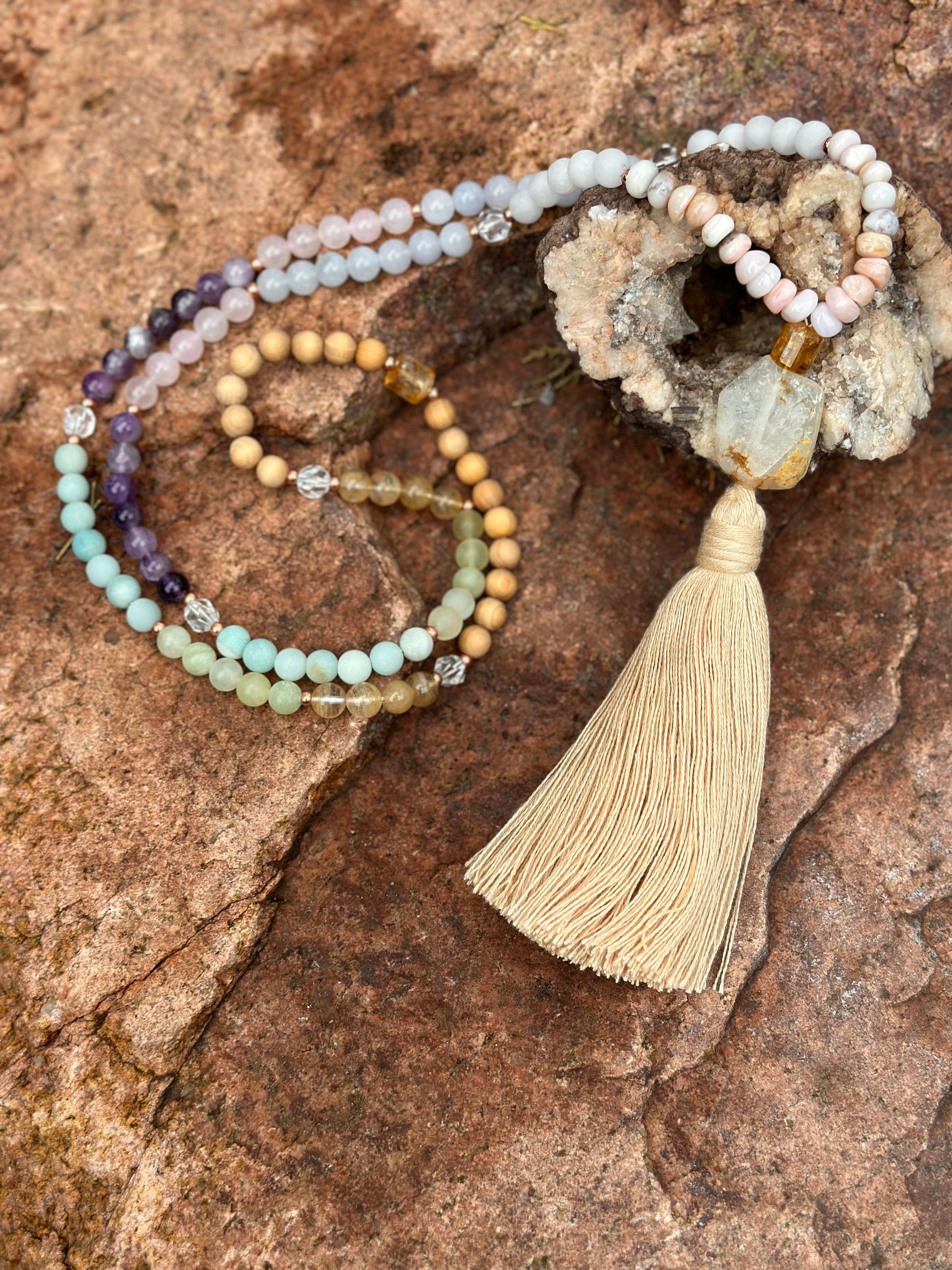 Gemstone 108 stone mala natural healing gem and wood Mala necklace layered bracelet jewelry gift for her meditation yoga practice Rainbow