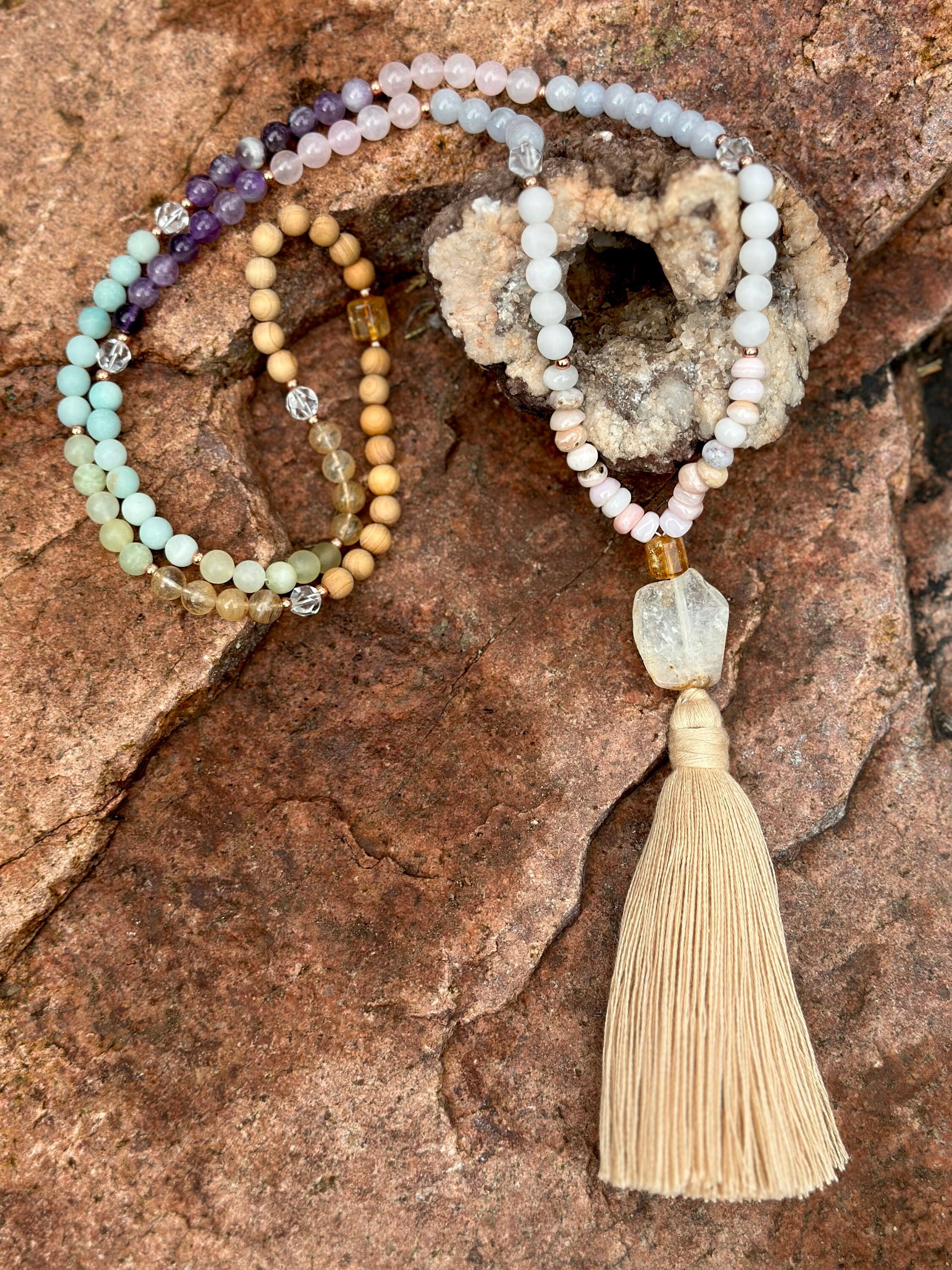 Gemstone 108 stone mala natural healing gem and wood Mala necklace layered bracelet jewelry gift for her meditation yoga practice Rainbow