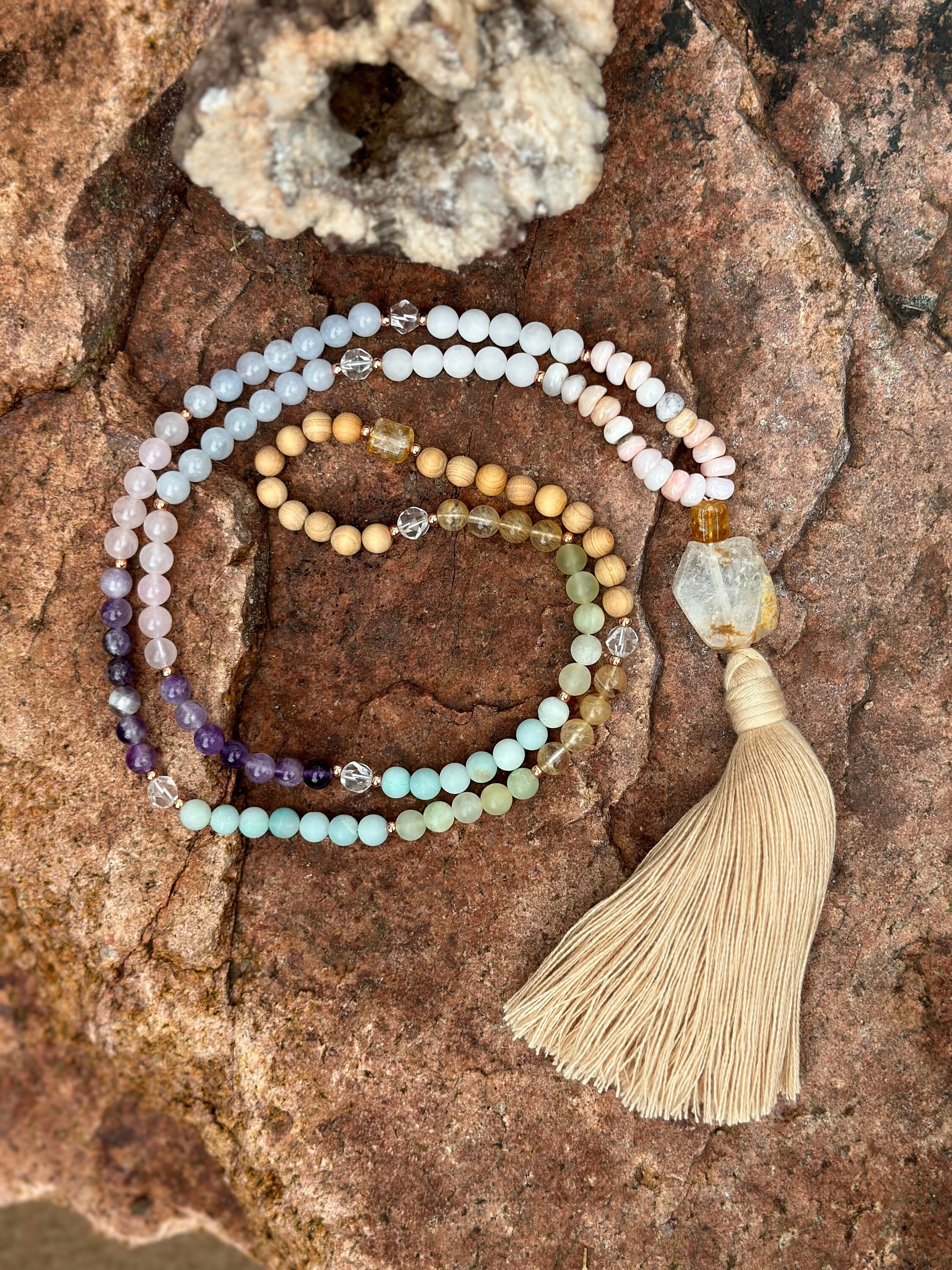 Gemstone 108 stone mala natural healing gem and wood Mala necklace layered bracelet jewelry gift for her meditation yoga practice Rainbow