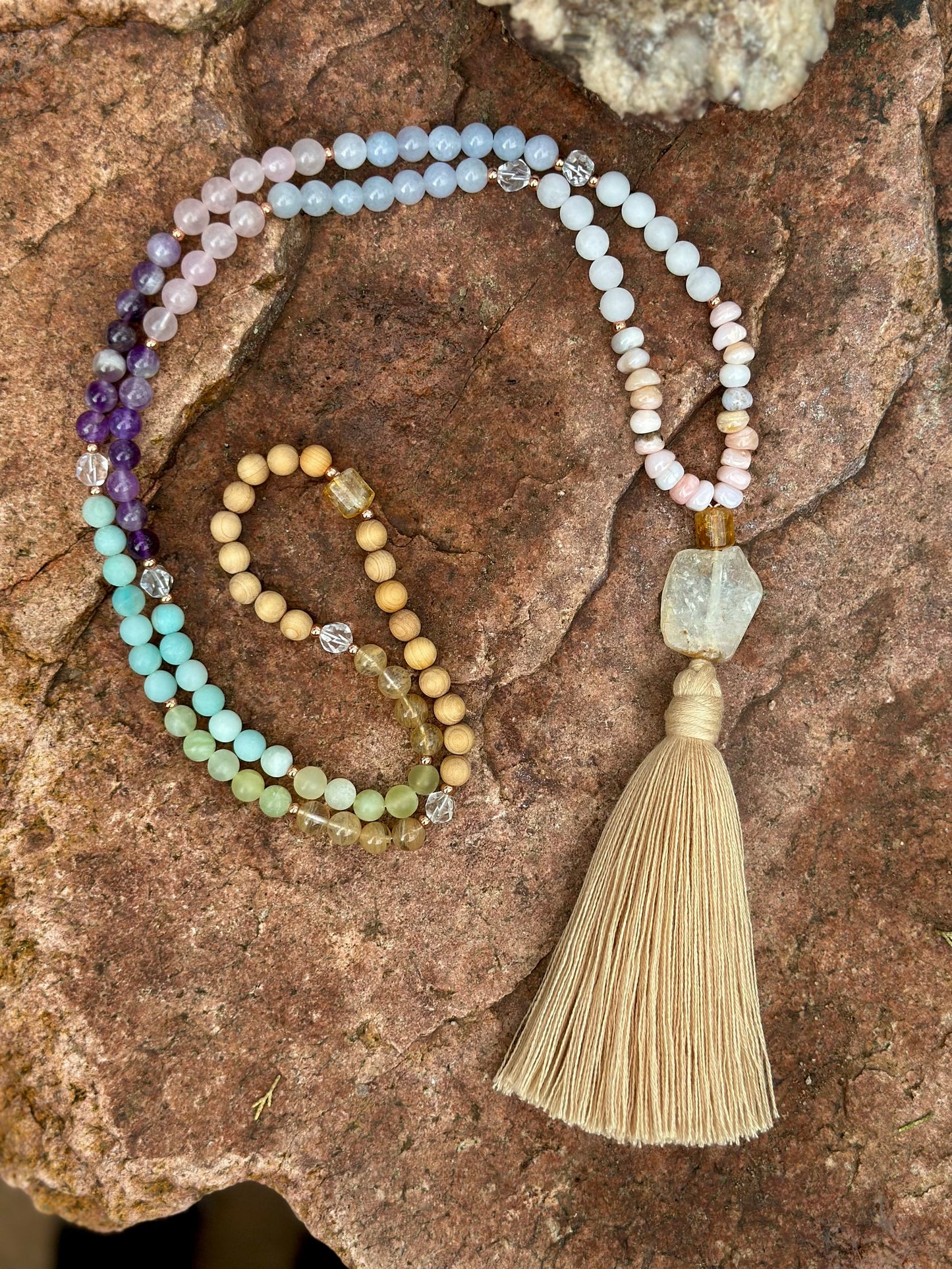 Gemstone 108 stone mala natural healing gem and wood Mala necklace layered bracelet jewelry gift for her meditation yoga practice Rainbow