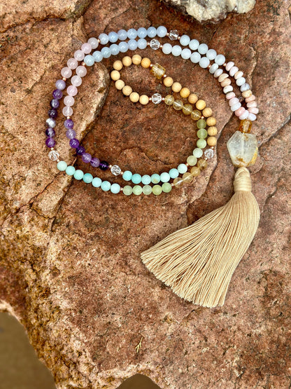 Gemstone 108 stone mala natural healing gem and wood Mala necklace layered bracelet jewelry gift for her meditation yoga practice Rainbow