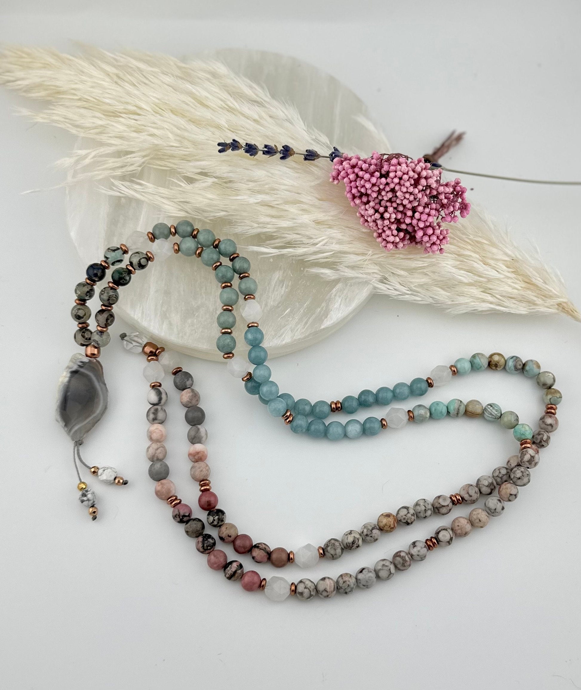Gemstone mala rare natural healing stone necklace wrapped bracelet jewelry gift for her meditation yoga practice 108 bead mala prayer bangle