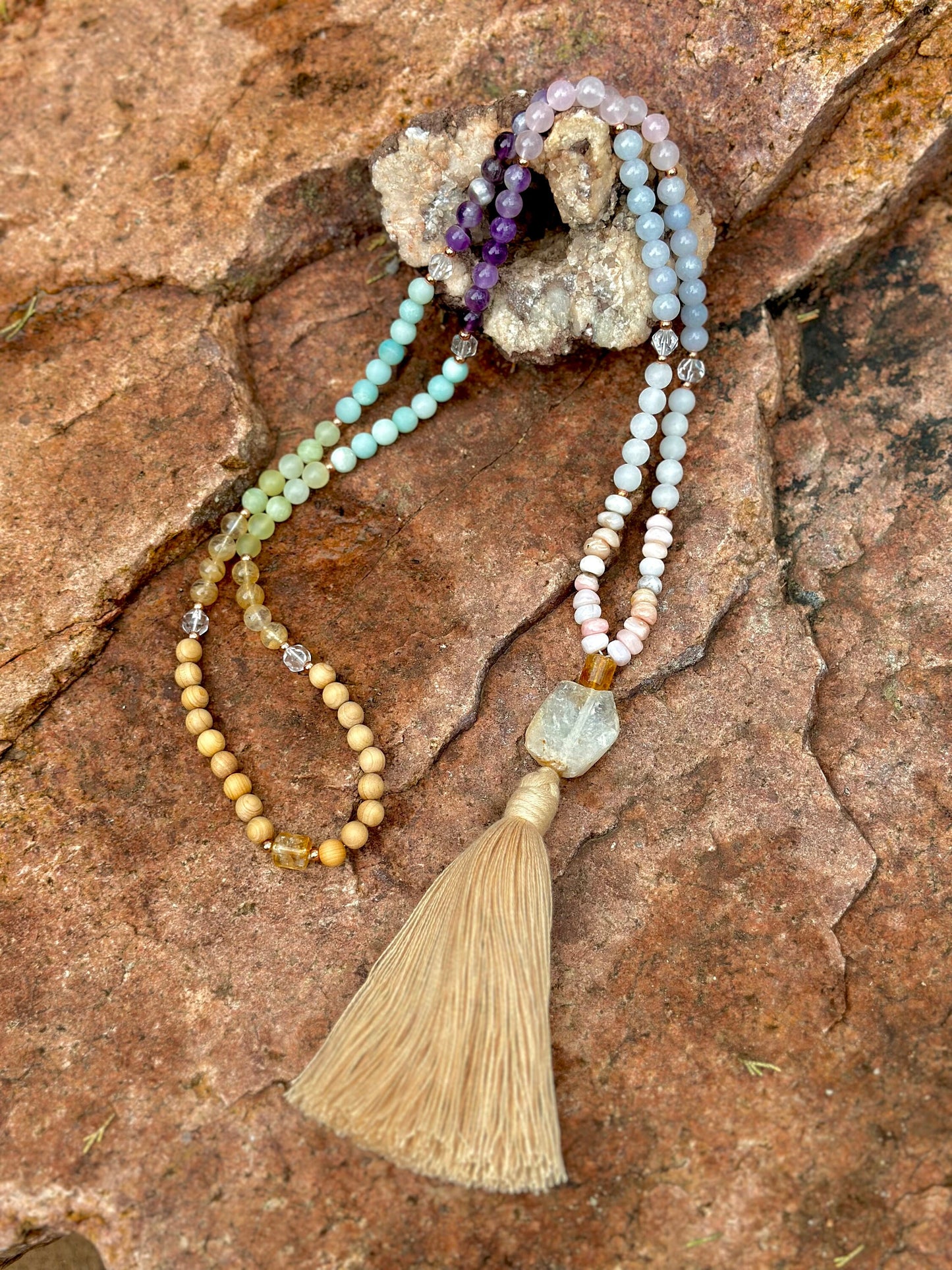 Gemstone 108 stone mala natural healing gem and wood Mala necklace layered bracelet jewelry gift for her meditation yoga practice Rainbow