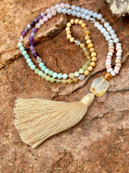 Gemstone 108 stone mala natural healing gem and wood Mala necklace layered bracelet jewelry gift for her meditation yoga practice Rainbow