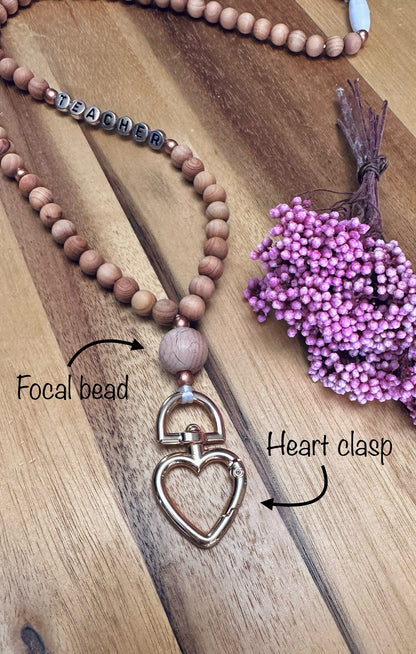 Custom natural gemstone lanyard “earth” tones artistic beaded lanyard for teachers nurses Id card holder keychain ring gift for her school