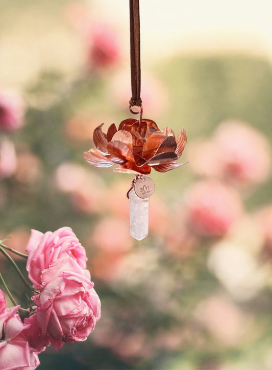 Handmade Copper lotus flower and gemstone window dangle rear view mirror car decor car mirror dangle lotus flower gift suede leather strap