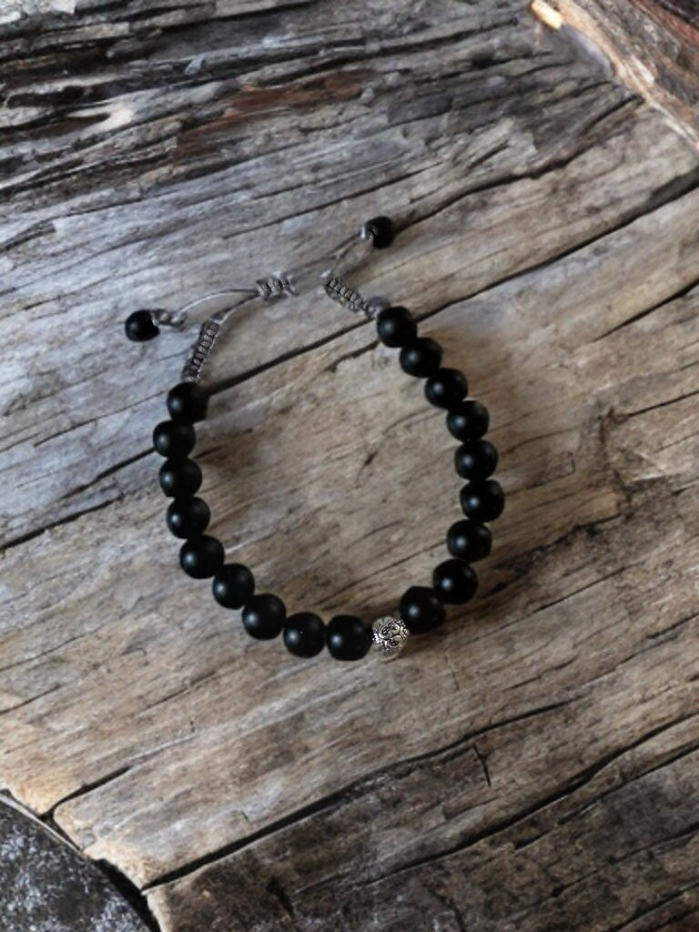 January birthstone Black onyx adjustable bracelet with meditation “OM” bead gemstone unisex jewelry gift natural healing metaphysical mens